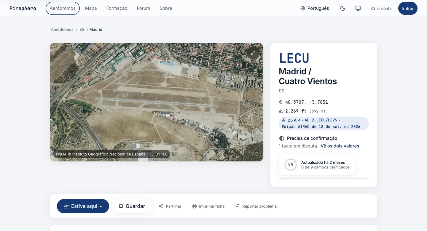 The LECU Madrid / Cuatro Vientos page on PirepAero: an aerial photograph of the field beside the ICAO code, coordinates, elevation and AIP reference.