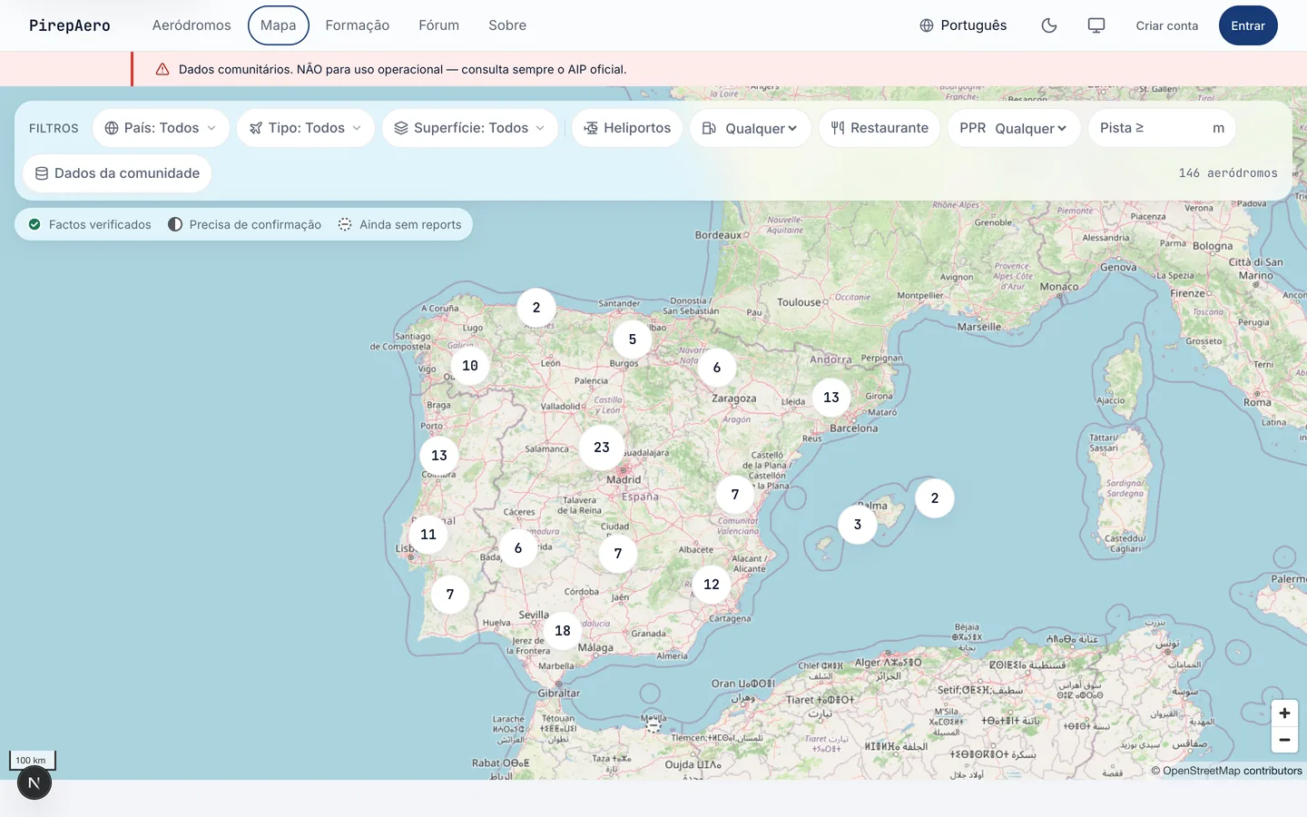 Map of the Iberian Peninsula with numbered clusters of aerodromes and the filter bar above it.